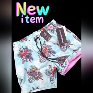 Psycho Bunny Kids Swim Trunks - Blue and Red Parrot Design